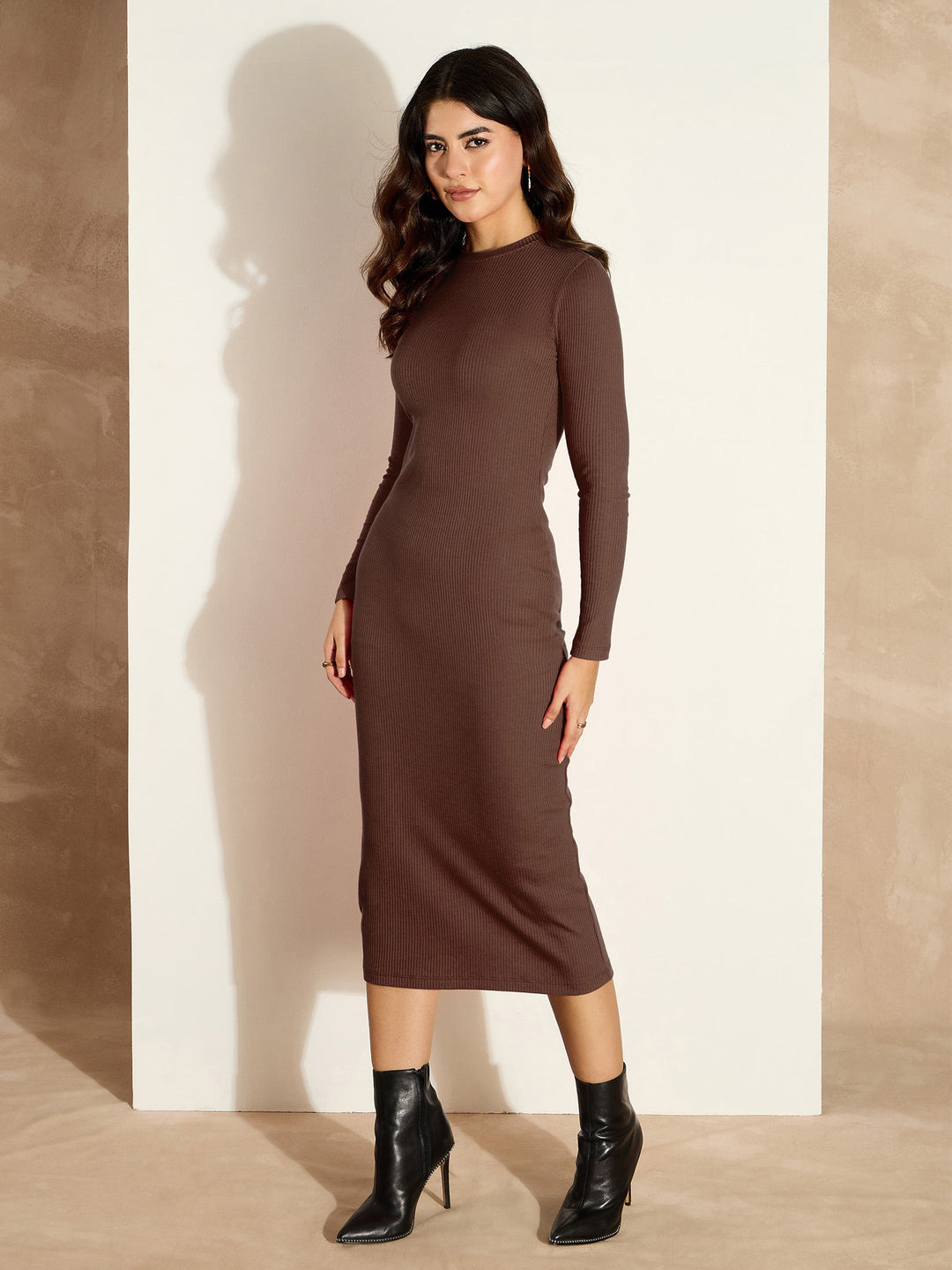 Women's Women Dark Brown Rib Bodycon Full Sleeves Midi Dress in Cotton by Sassafras for wholesale, bulk, supplier, manufacturer and wholesaler buyers from Trendphoria