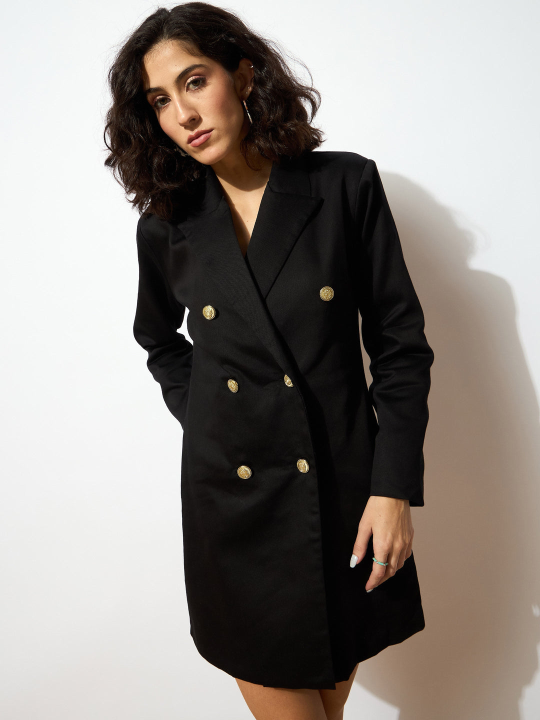 Women's Women Black Full Sleeves Double Breasted Blazer Dress in Cotton by Sassafras for wholesale, bulk, supplier, manufacturer and wholesaler buyers from Trendphoria