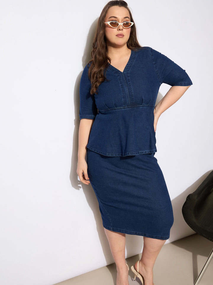Plus size women's Blue Denim Blue Denim V Neck Front Peplum Dress by Sassafras Curve for wholesale buyers, boutiques, resellers and bulk orders from
