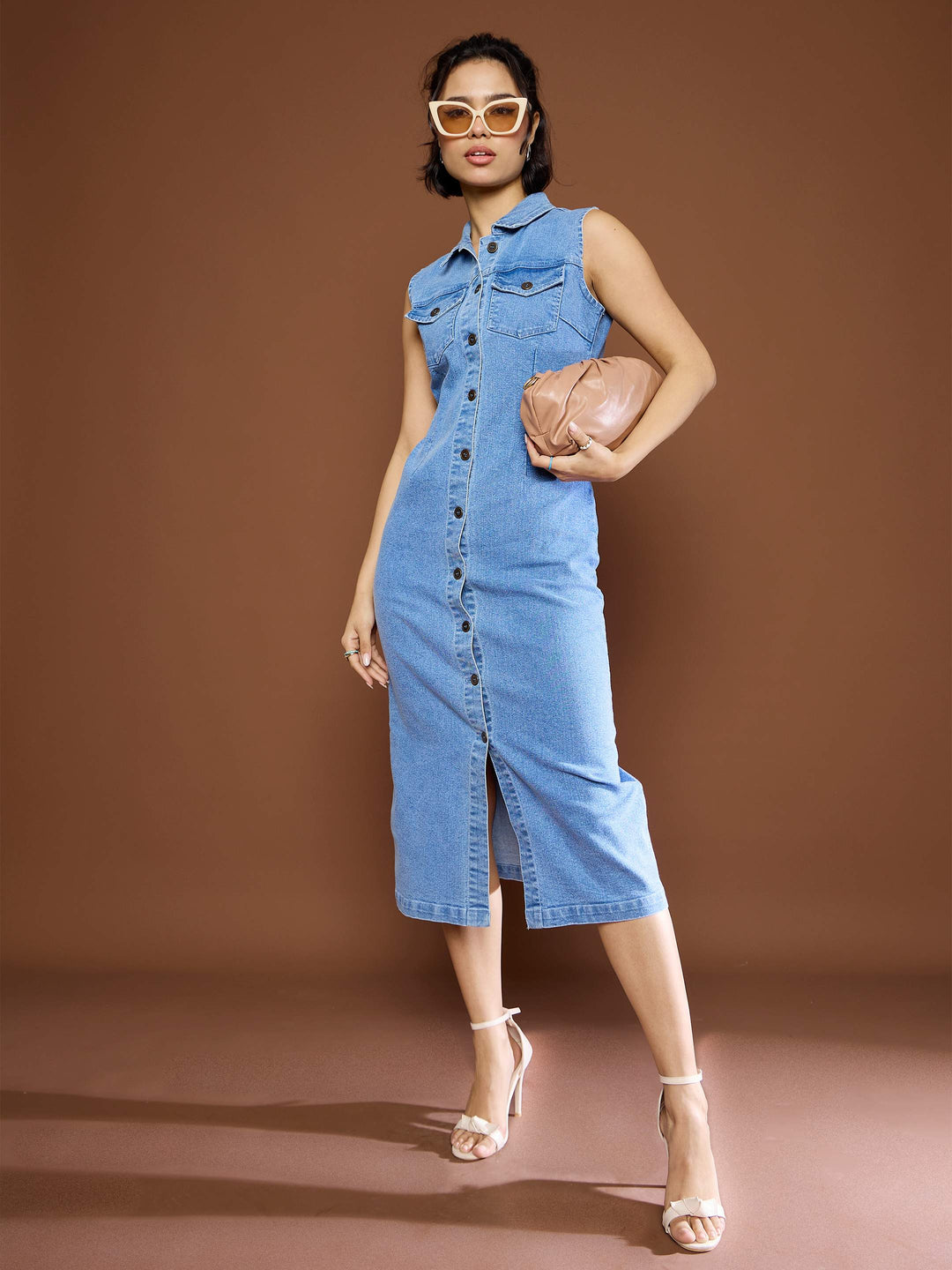 Women's Women Blue Denim Front Button Midi Dress in Cotton by Sassafras for wholesale, bulk, supplier, manufacturer and wholesaler buyers from Trendphoria