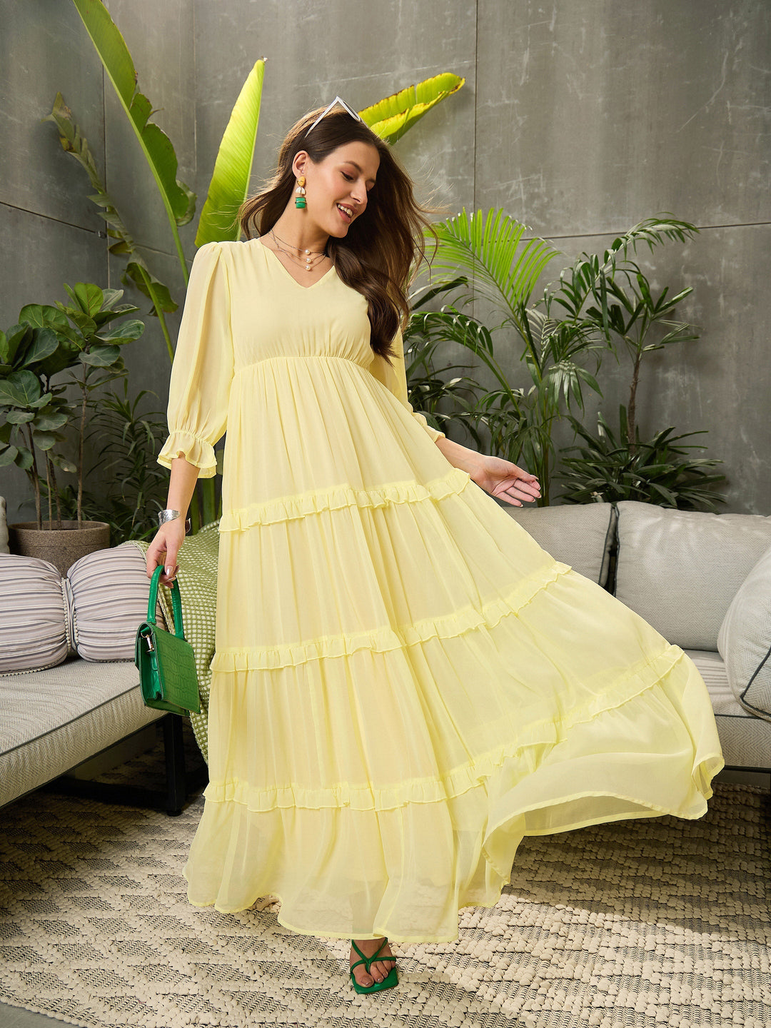 Women's Women Yellow V-neck Tiered Maxi Dress in Georgette by Sassafras for wholesale, bulk, supplier, manufacturer and wholesaler buyers from Trendphoria