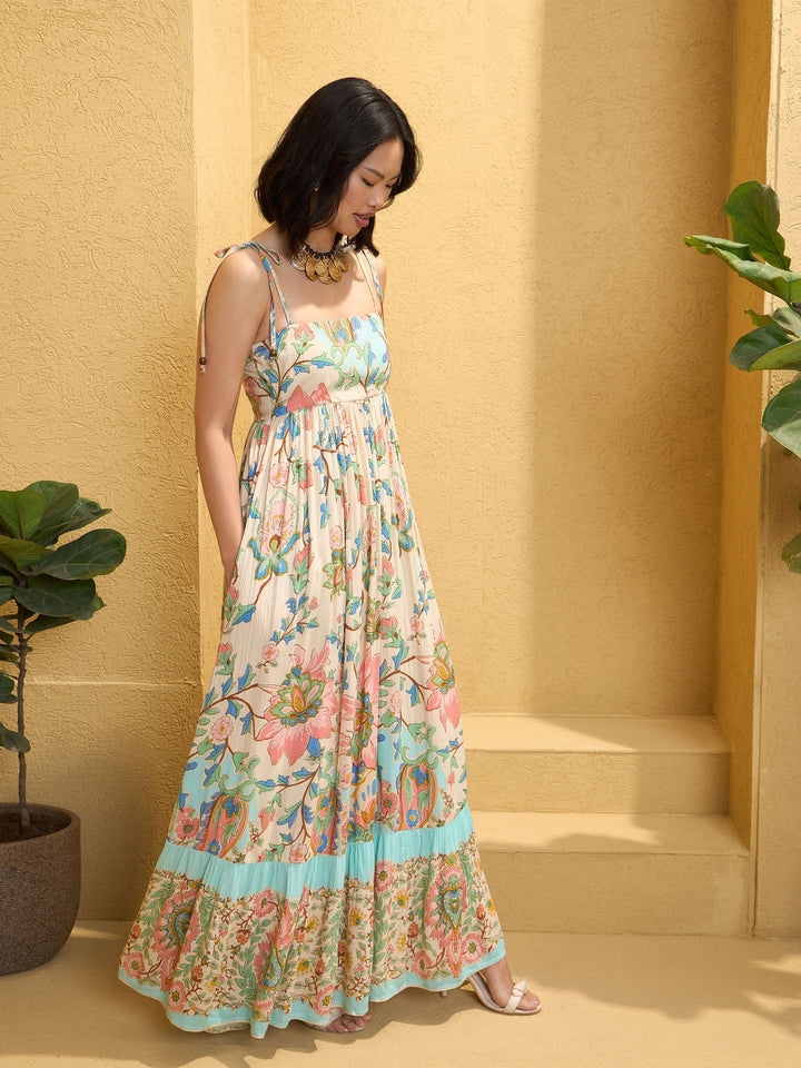 Women Floral Strappy Tie-up Maxi Dress
