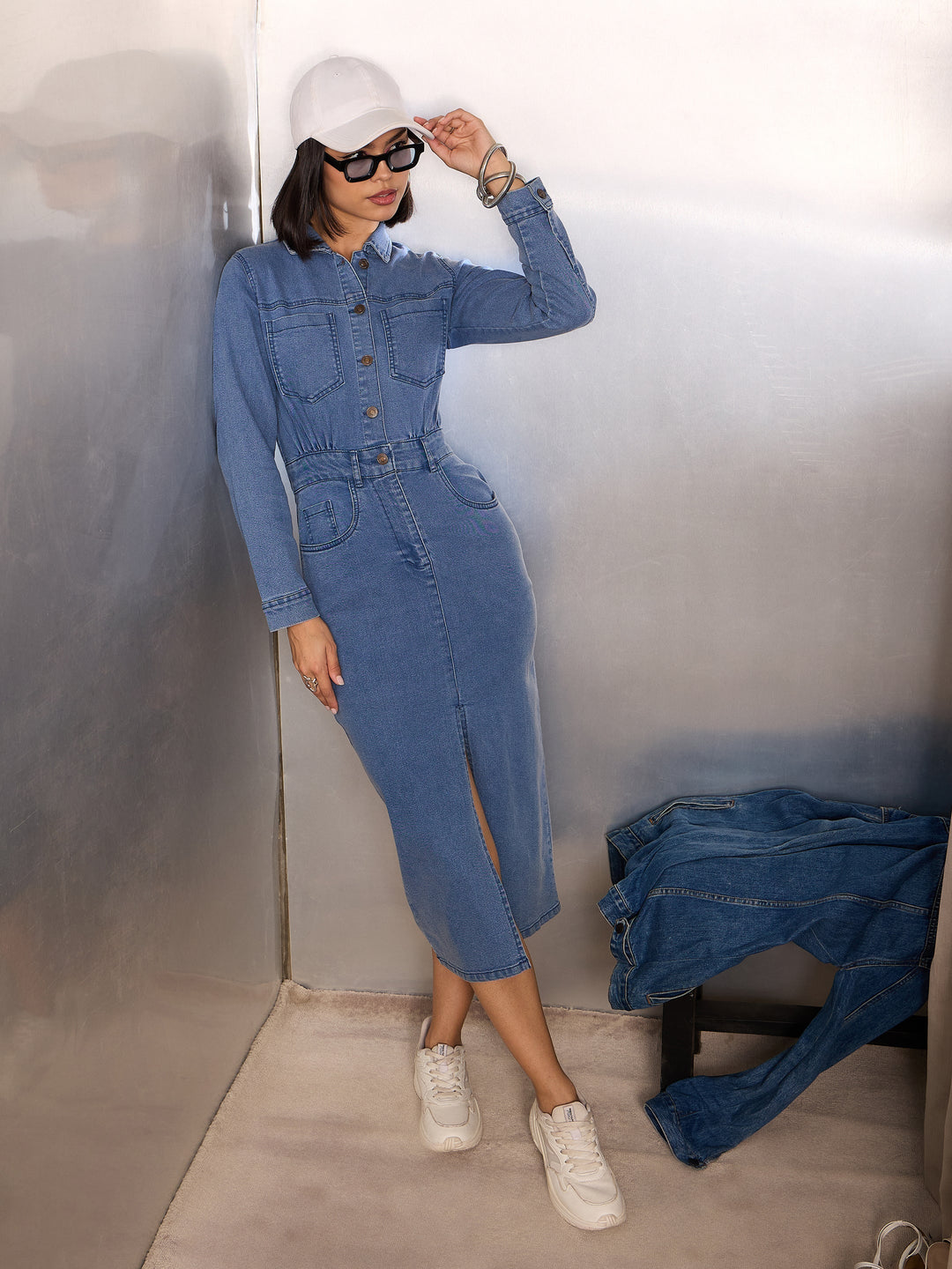 Women's Women Blue Denim Front Slit Midi Dress in Cotton by Sassafras for wholesale, bulk, supplier, manufacturer and wholesaler buyers from Trendphoria