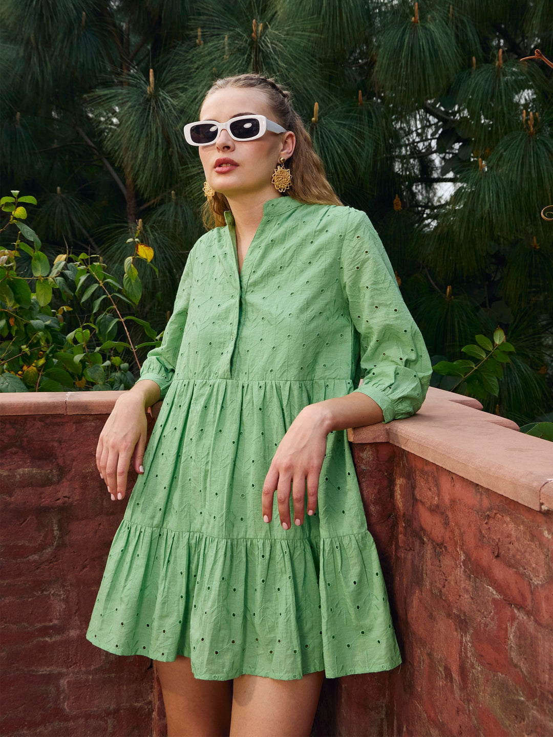 Women's Women Green Schiffli Mandarin Collar Short Dress in Cotton by Sassafras for wholesale, bulk, supplier, manufacturer and wholesaler buyers from Trendphoria