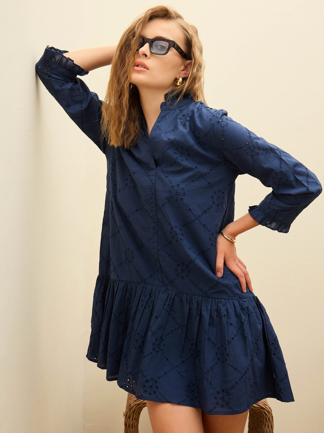 Women's Women Navy Schiffli Frill Neck Short Dress in Cotton by Sassafras for wholesale, bulk, supplier, manufacturer and wholesaler buyers from Trendphoria