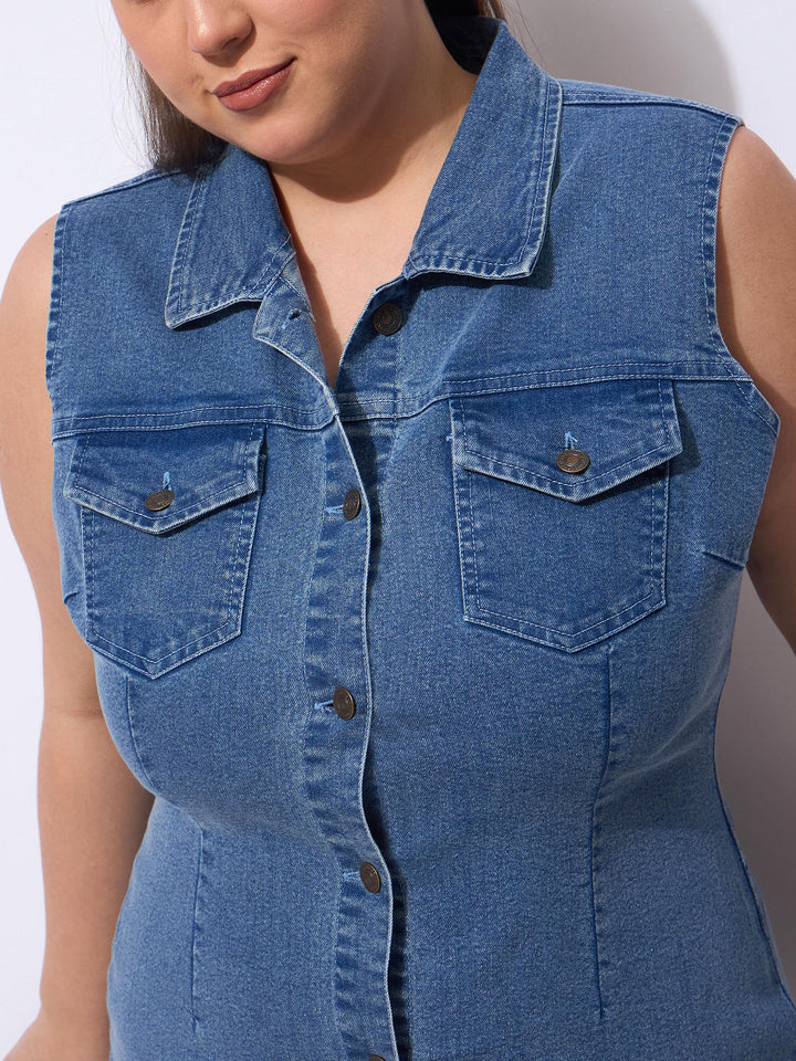 Blue Wash Denim Front Button Midi Dress-SASSAFRAS Curve