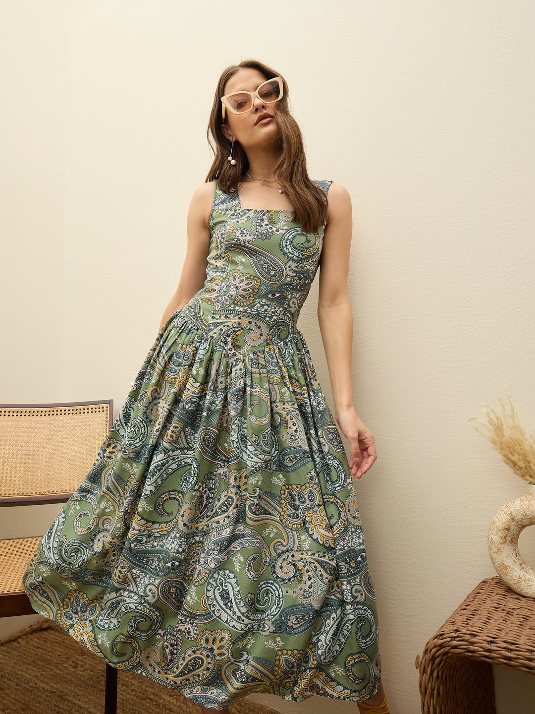 Women's Women Green Paisley Strappy Midi Dress in Polyester by Sassafras for wholesale, bulk, supplier, manufacturer and wholesaler buyers from Trendphoria