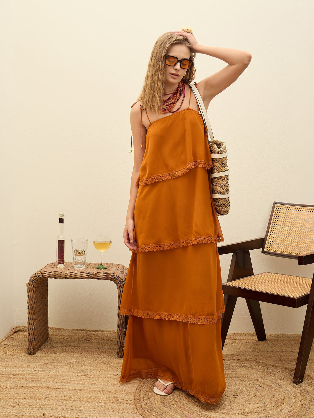 Women's Women Rust Frill Strappy Maxi Dress in Georgette by Sassafras for wholesale, bulk, supplier, manufacturer and wholesaler buyers from Trendphoria