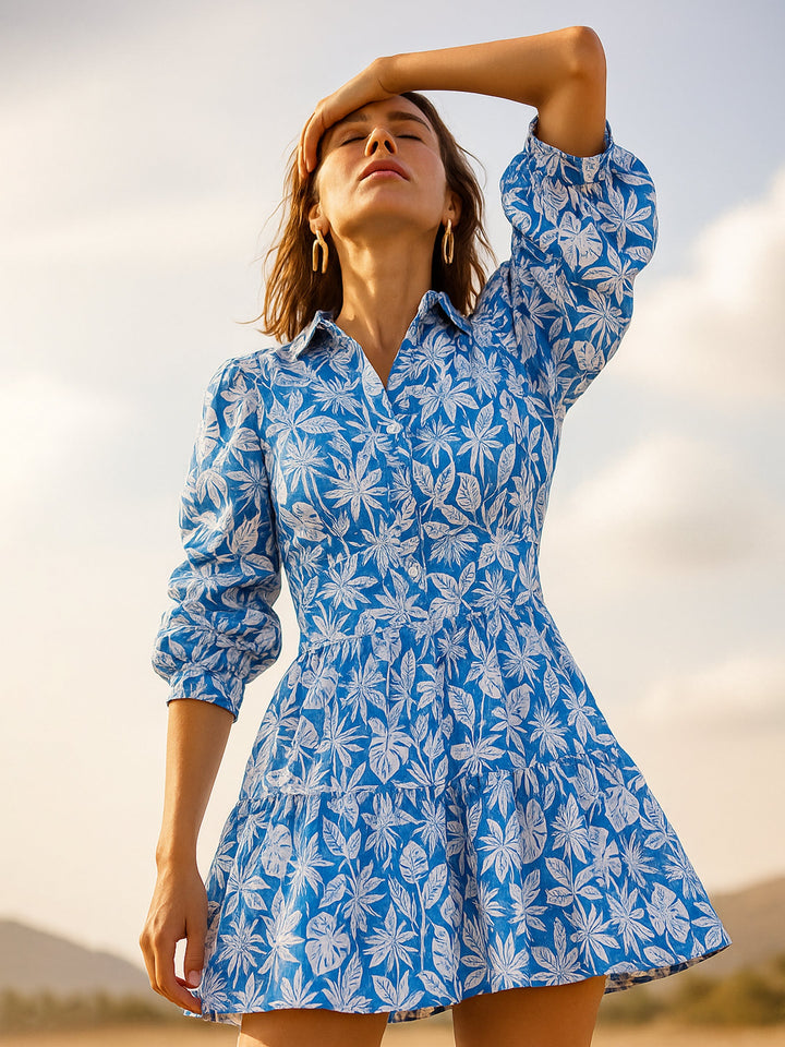 Women Floral Ruched Sleeves Short Dress