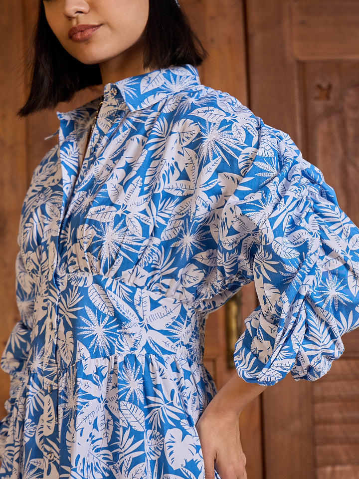 Women Floral Ruched Sleeves Short Dress