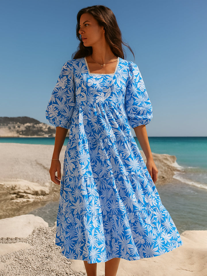 Women Floral Back Tie Knot Midi Dress