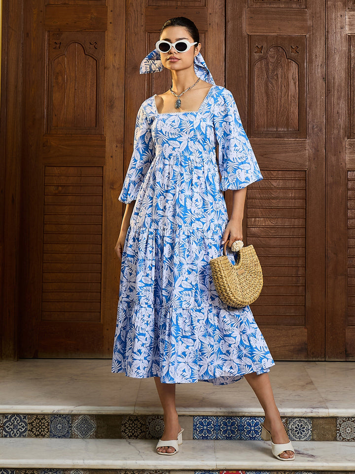 Women Floral Back Tie Knot Midi Dress