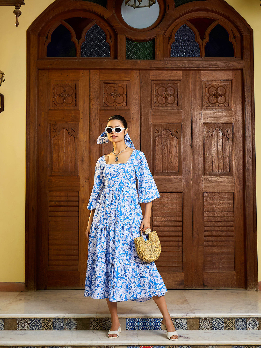 Women Floral Back Tie Knot Midi Dress