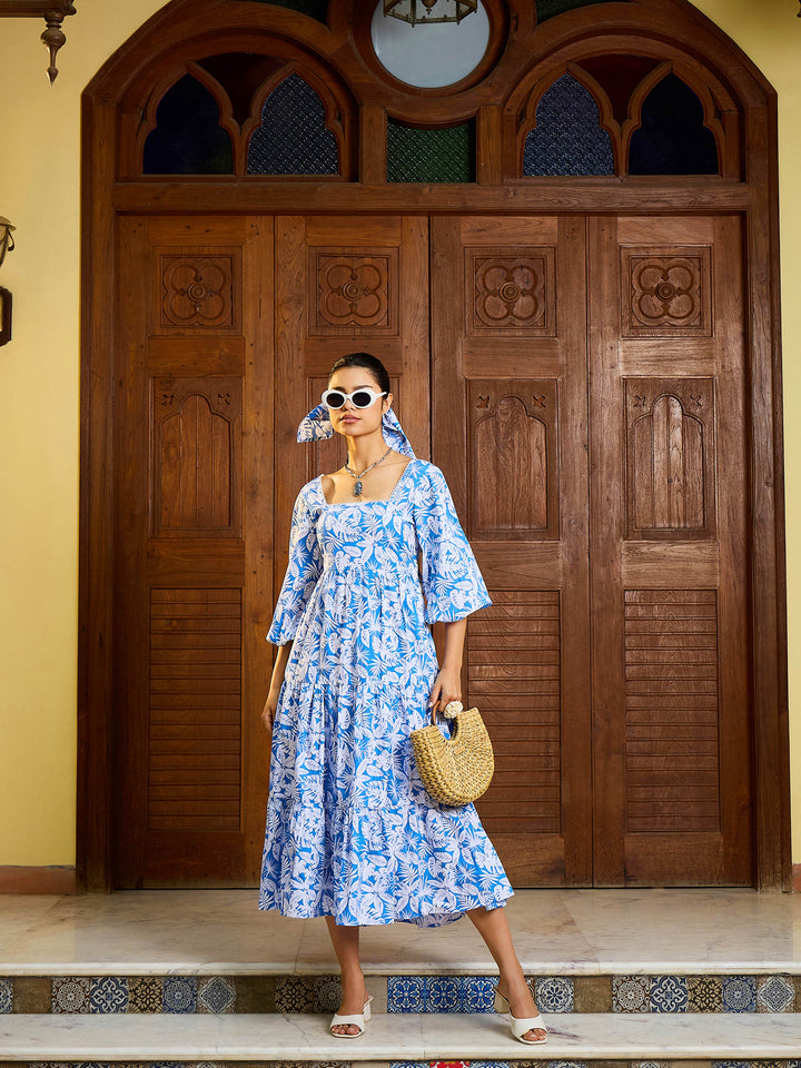 Women Floral Back Tie Knot Midi Dress