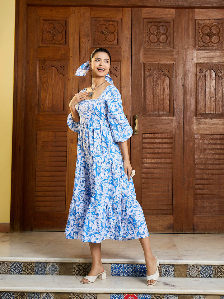 Women Floral Back Tie Knot Midi Dress