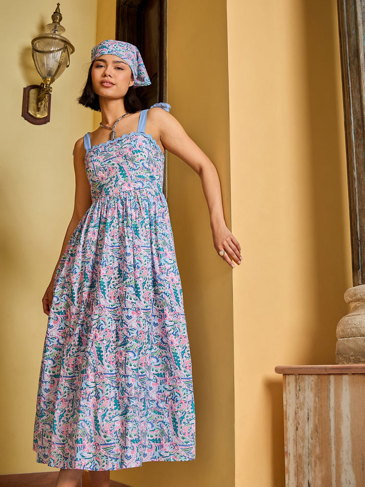 Women Paisley Strappy Tie-up Midi Dress