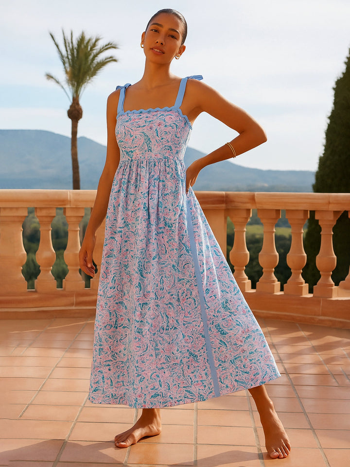 Women Paisley Strappy Tie-up Midi Dress