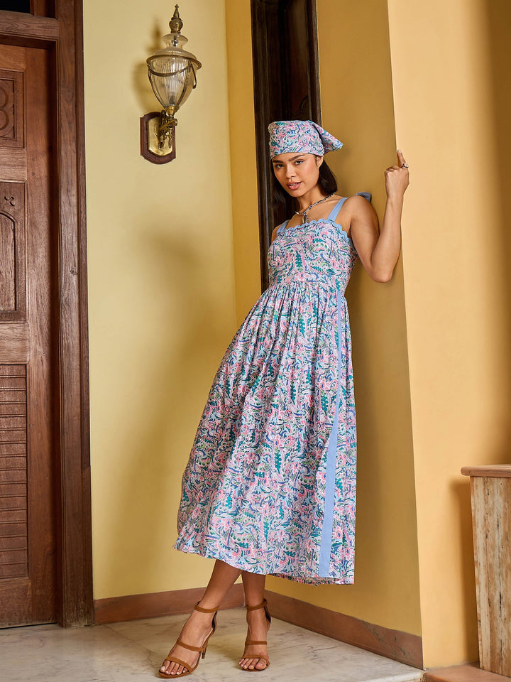 Women Paisley Strappy Tie-up Midi Dress