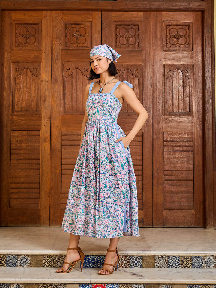 Women Paisley Strappy Tie-up Midi Dress