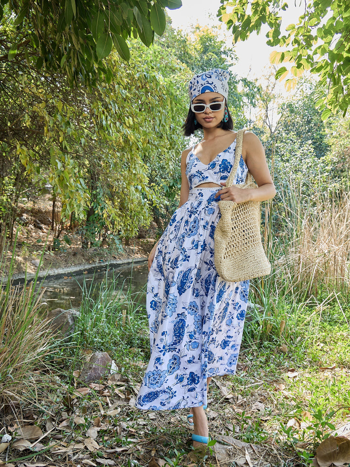 Women Floral Front Cut Out Strappy Midi Dress