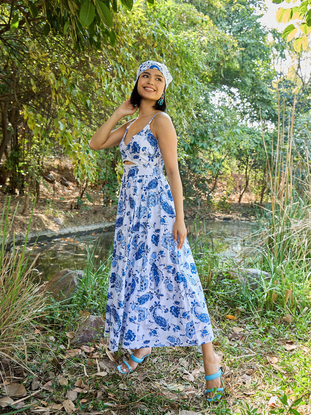 Women Floral Front Cut Out Strappy Midi Dress