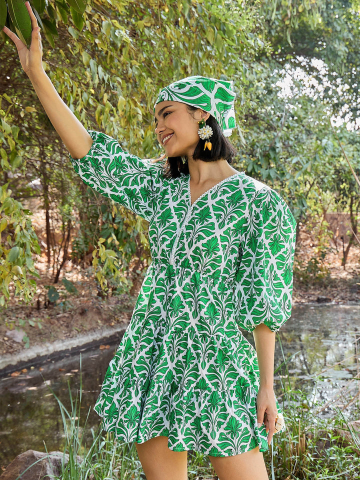 Women Floral V Neck Short Gathered Dress