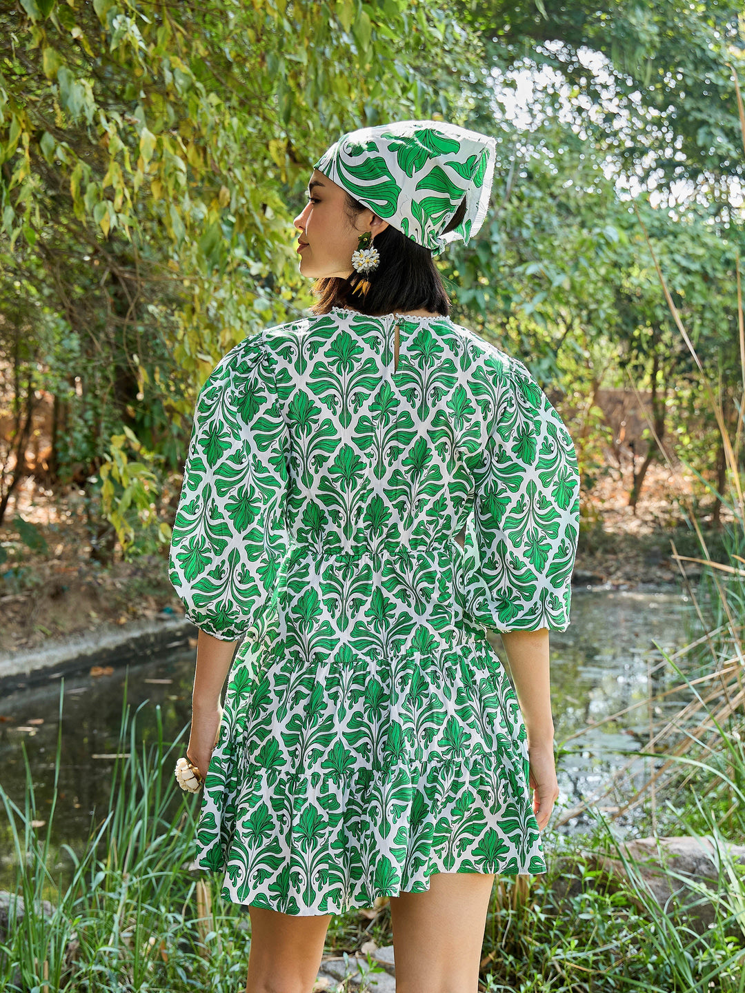 Women Floral V Neck Short Gathered Dress