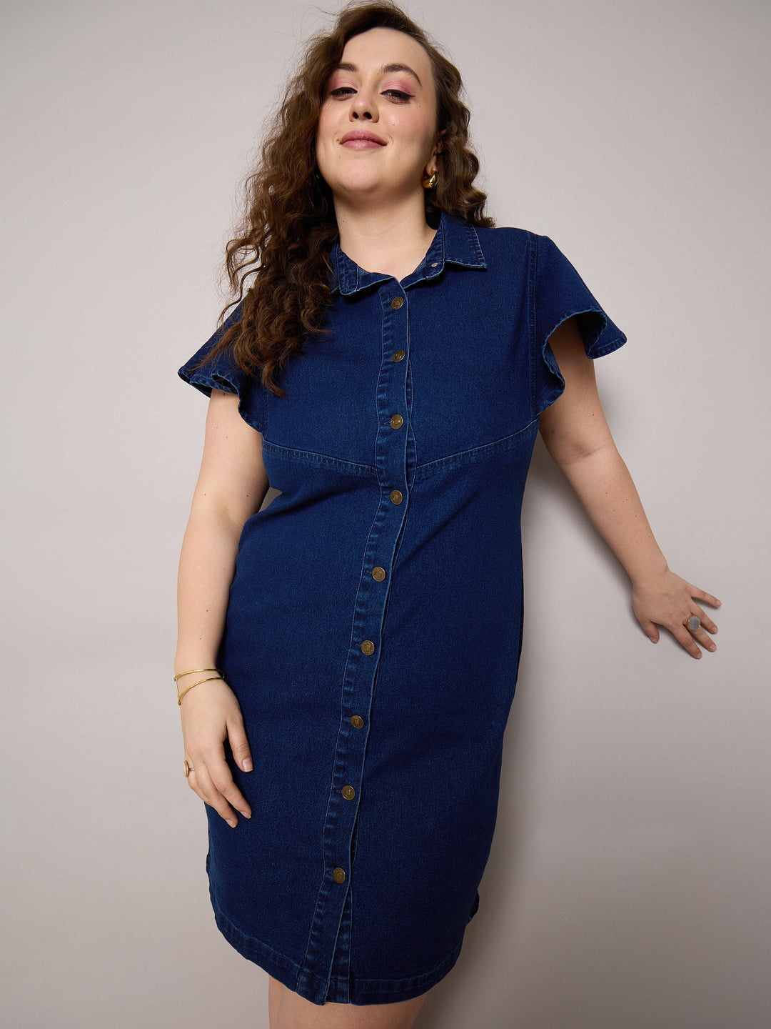 Plus size women's Navy Denim Navy Denim Front Button Short Dress by Sassafras Curve for wholesale buyers, boutiques, resellers and bulk orders from