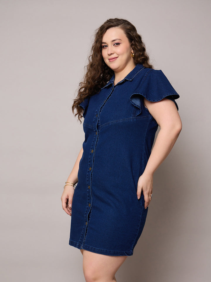Navy Denim Front Button Short Dress-SASSAFRAS Curve