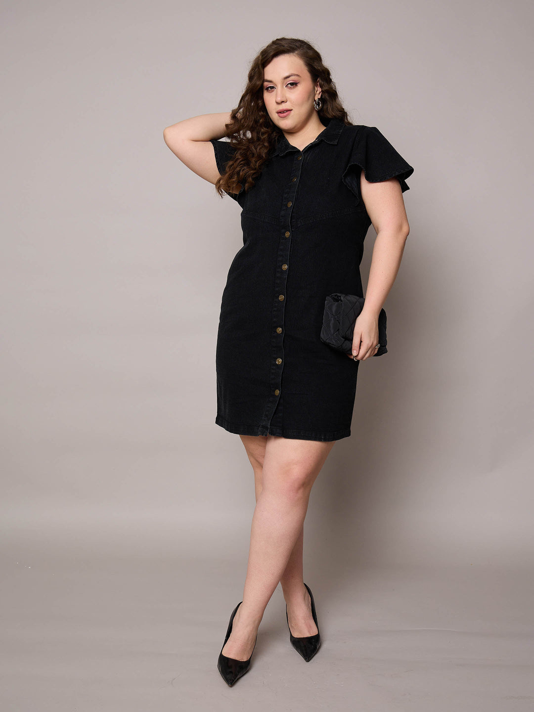 Plus size women's Black Denim Black Denim Front Button Short Dress by Sassafras Curve for wholesale buyers, boutiques, resellers and bulk orders from
