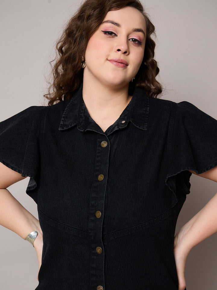 Black Denim Front Button Short Dress-SASSAFRAS Curve