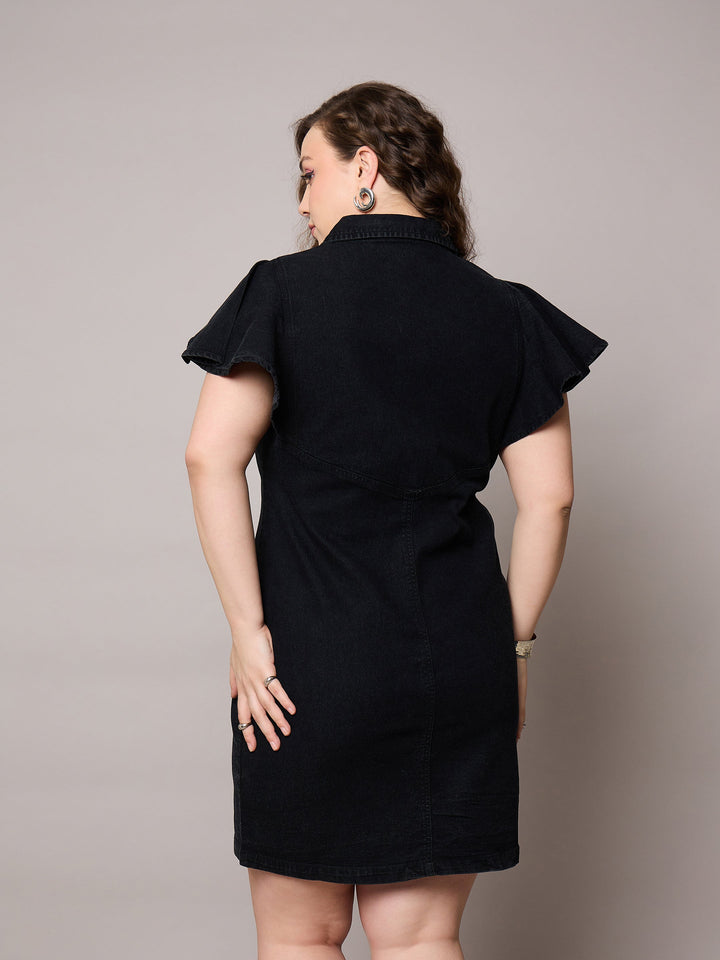 Black Denim Front Button Short Dress-SASSAFRAS Curve