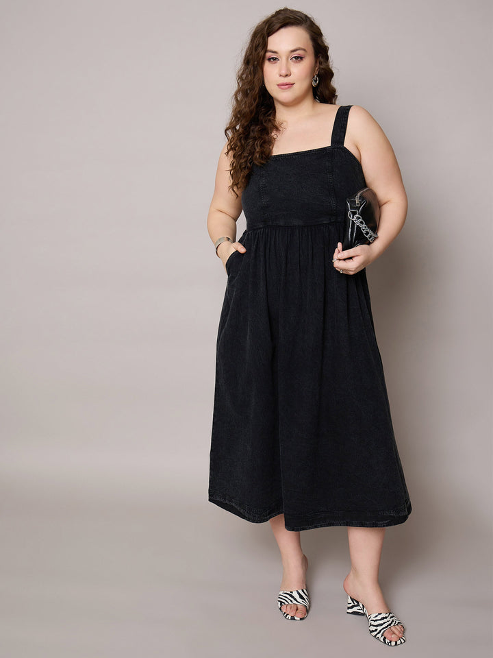 Plus size women's Black Tencel Black Tencel Strappy Midi Dress by Sassafras Curve for wholesale buyers, boutiques, resellers and bulk orders from