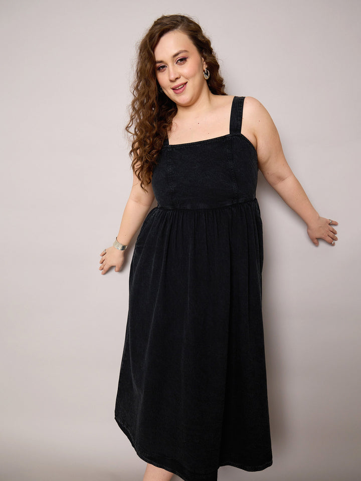 Black Tencel Strappy Midi Dress-SASSAFRAS Curve