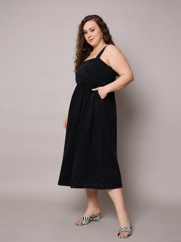 Black Tencel Strappy Midi Dress-SASSAFRAS Curve