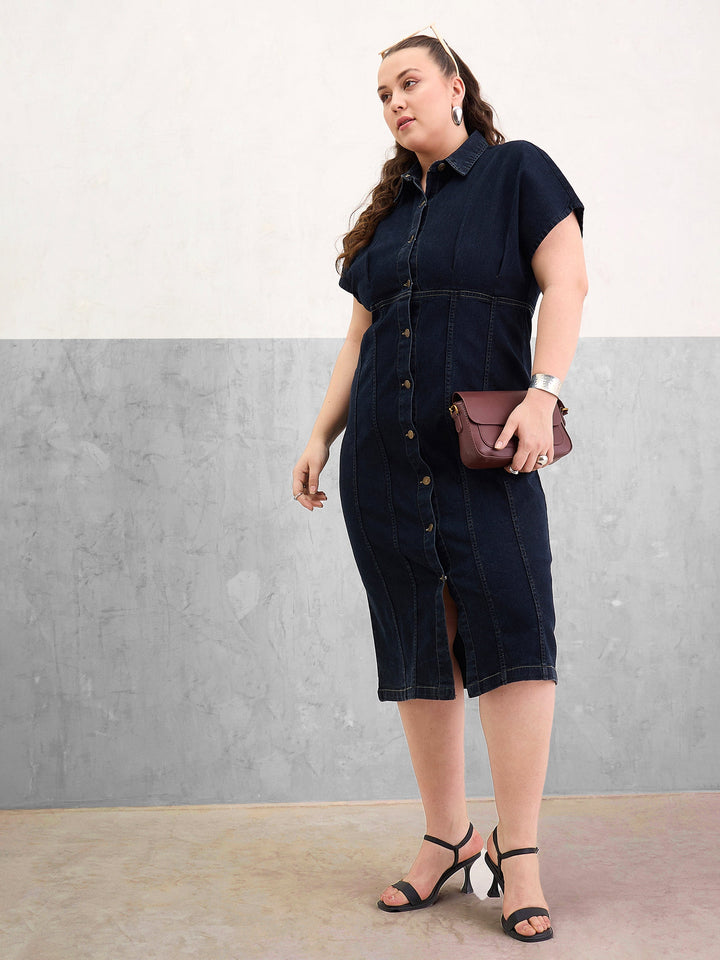 Plus size women's Black Denim Black Denim Kimono Sleeves Midi Dress by Sassafras Curve for wholesale buyers, boutiques, resellers and bulk orders