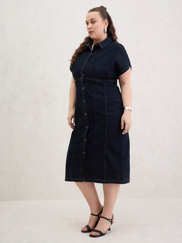 Black Denim Kimono Sleeves Midi Dress-SASSAFRAS Curve