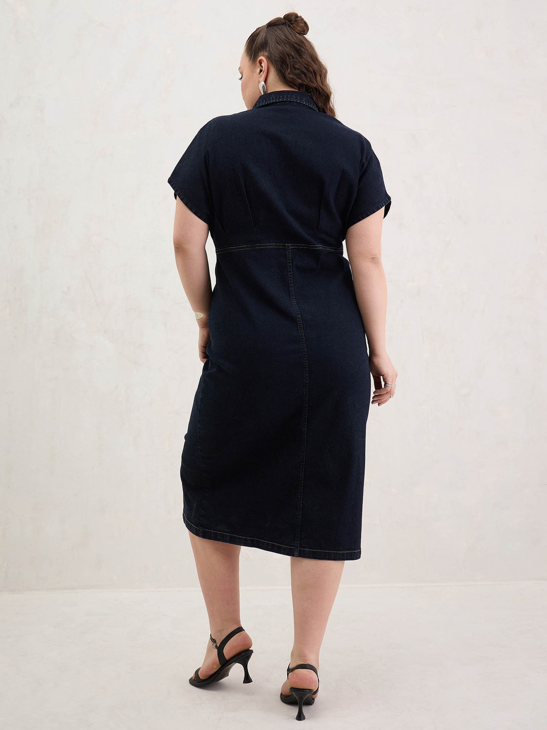 Black Denim Kimono Sleeves Midi Dress-SASSAFRAS Curve