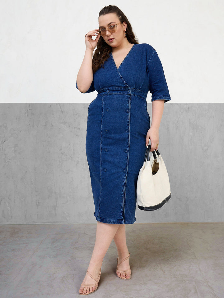 Plus size women's Navy Denim Navy Denim Wrap Neck Midi Dress by Sassafras Curve for wholesale buyers, boutiques, resellers and bulk orders from