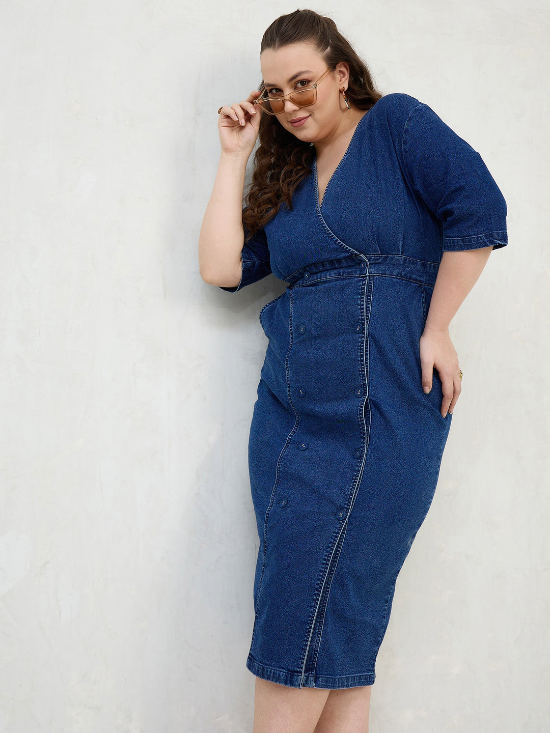 Navy Denim Wrap Neck Midi Dress-SASSAFRAS Curve