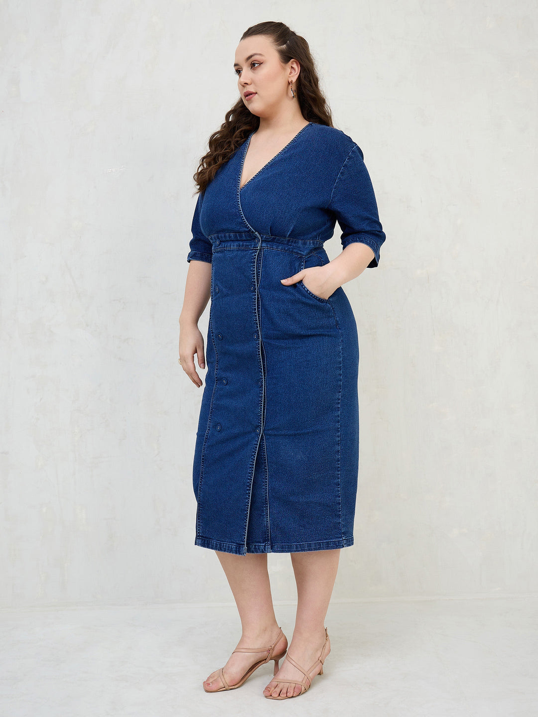 Navy Denim Wrap Neck Midi Dress-SASSAFRAS Curve
