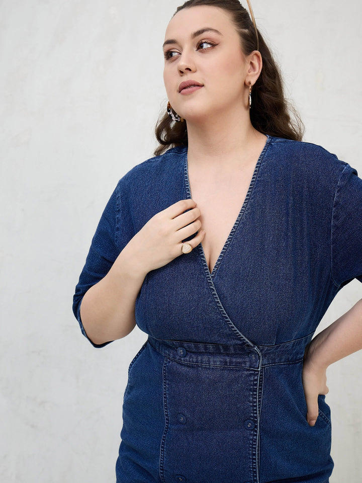 Navy Denim Wrap Neck Midi Dress-SASSAFRAS Curve