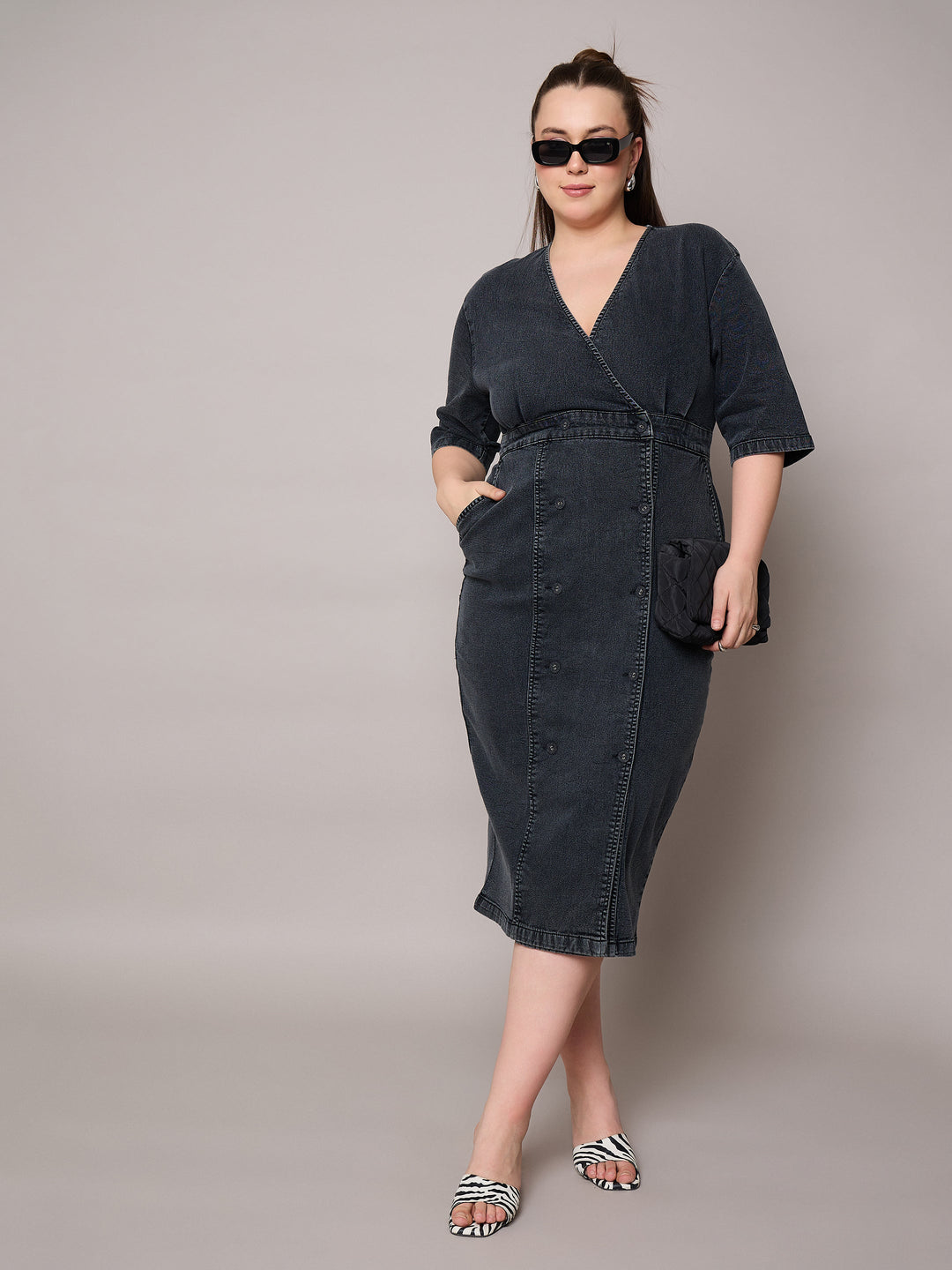 Plus size women's Black Denim Black Denim Wrap Neck Midi Dress by Sassafras Curve for wholesale buyers, boutiques, resellers and bulk orders from