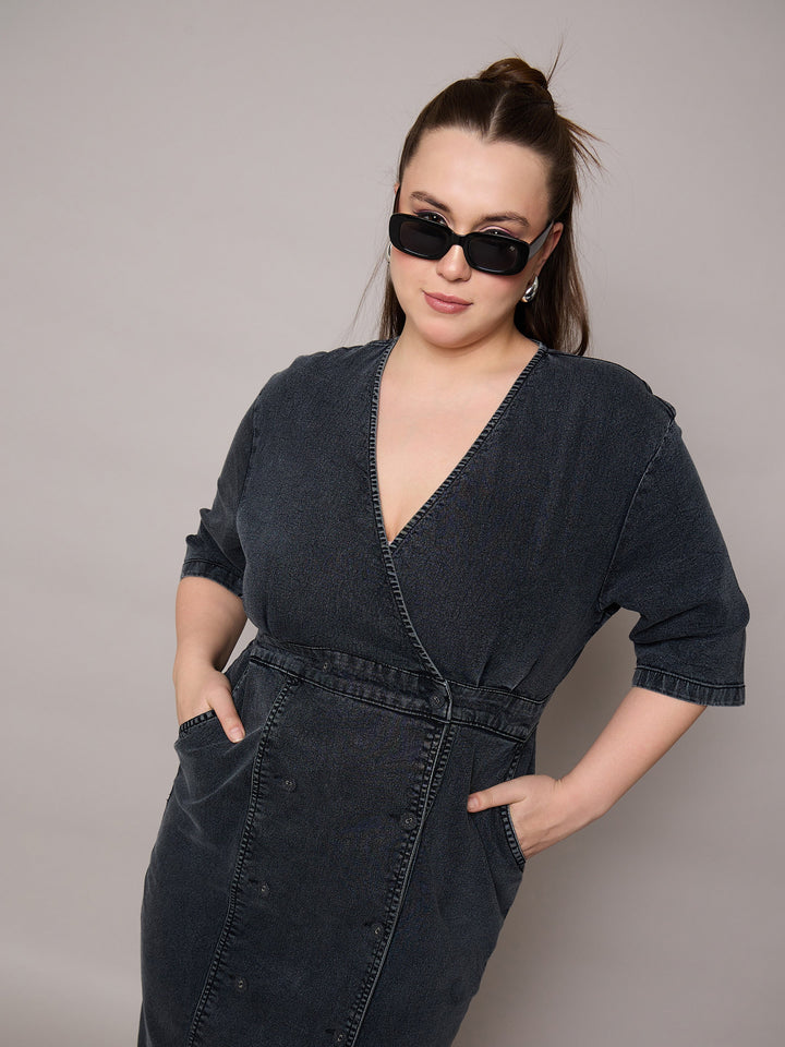 Black Denim Wrap Neck Midi Dress-SASSAFRAS Curve