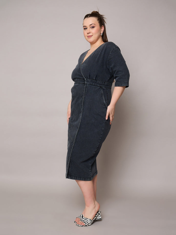 Black Denim Wrap Neck Midi Dress-SASSAFRAS Curve