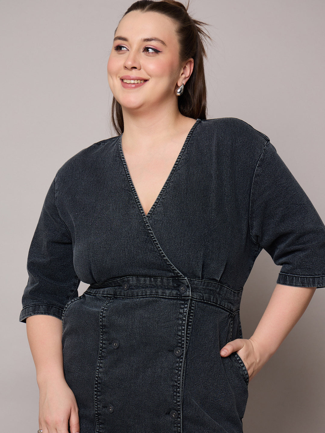 Black Denim Wrap Neck Midi Dress-SASSAFRAS Curve