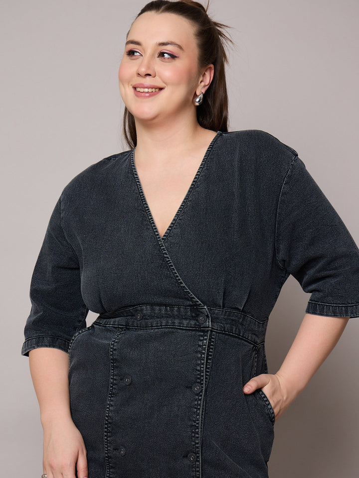 Black Denim Wrap Neck Midi Dress-SASSAFRAS Curve