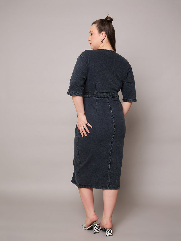Black Denim Wrap Neck Midi Dress-SASSAFRAS Curve