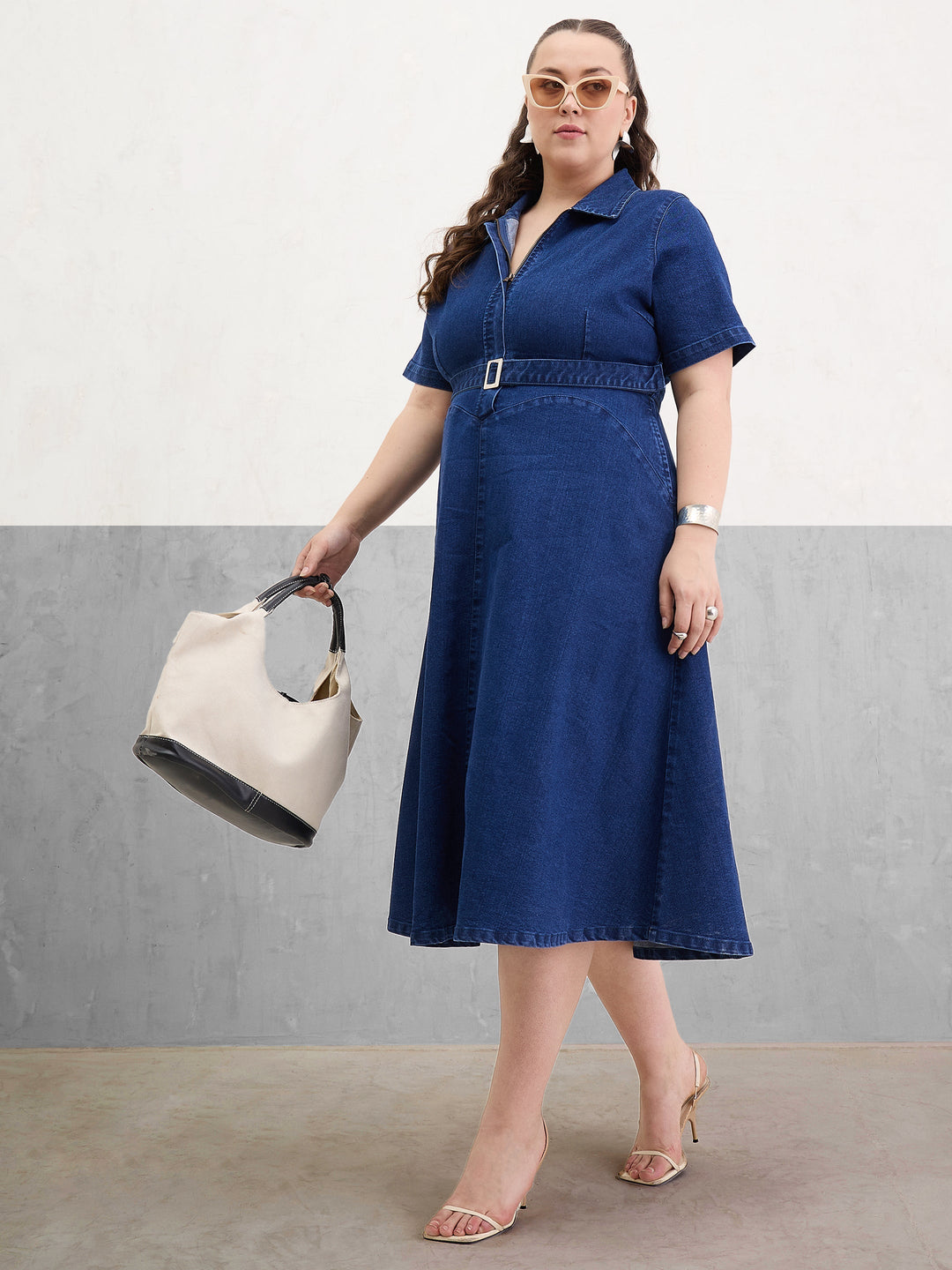 Plus size women's Navy Denim Navy Denim Front Zipper Flared Hem Midi Dress by Sassafras Curve for wholesale buyers, boutiques, resellers and bulk