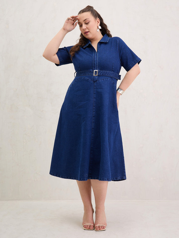 Navy Denim Front Zipper Flared Hem Midi Dress-SASSAFRAS Curve